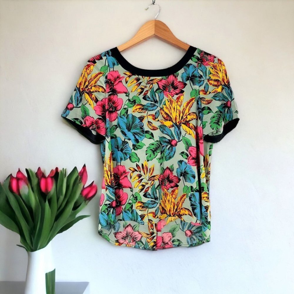 MARC by MARC JACOBS Bright Floral Print Silk Short Sleeve Blouse Size Small Top